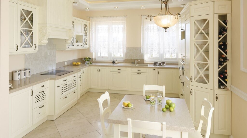 A kitchen with a light floor