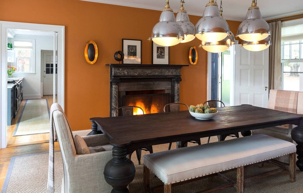 Kitchen dining room with a fireplace