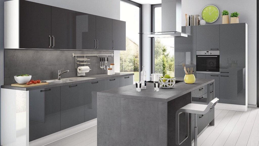 The kitchen is light gray matte