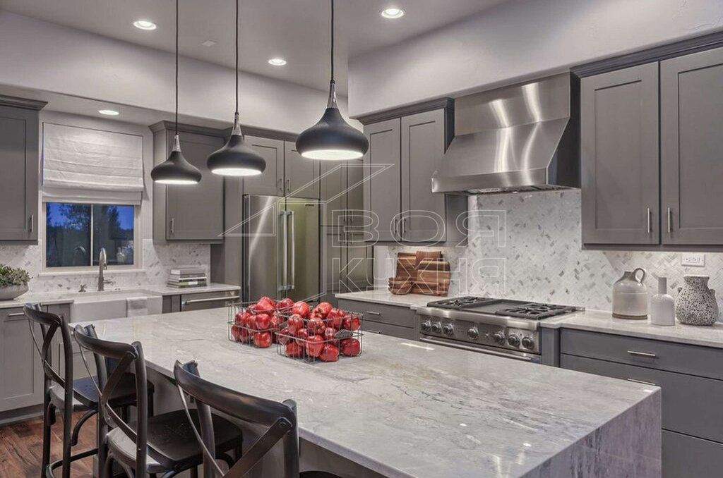 The kitchen is dark gray with white