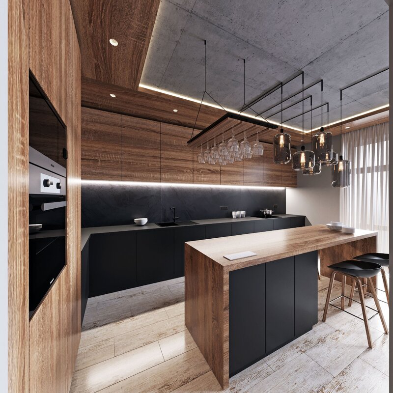 The kitchen is dark gray with wood