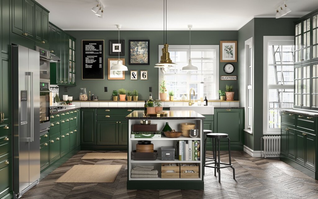 The kitchen is dark green