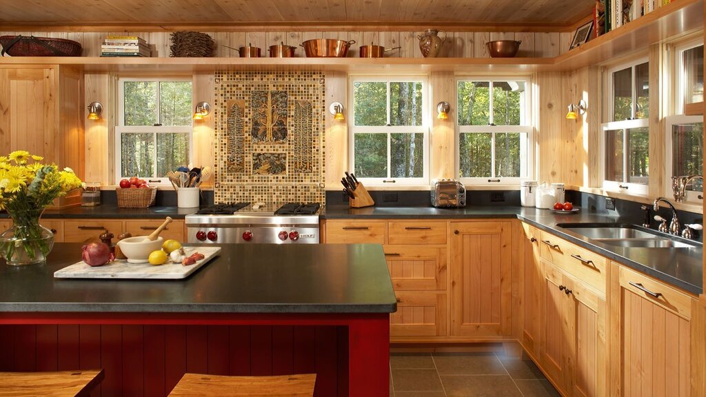 A kitchen by the window at the dacha