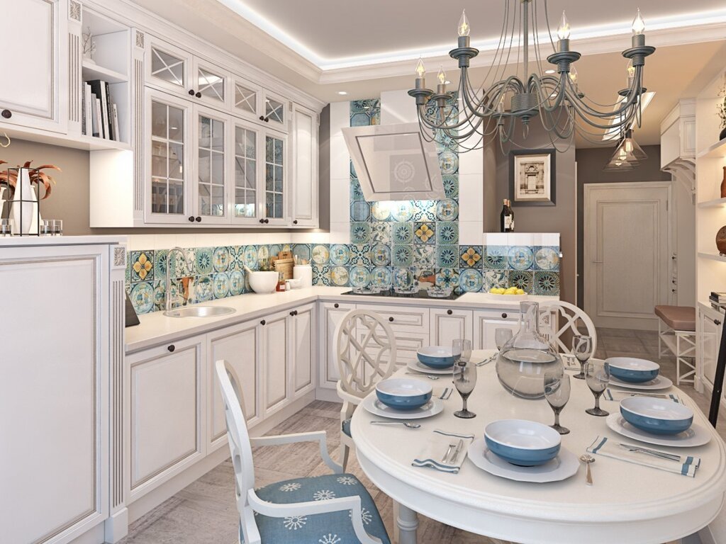 A kitchen in white and blue tones