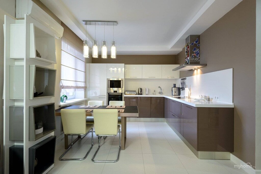 A kitchen in white and brown tones