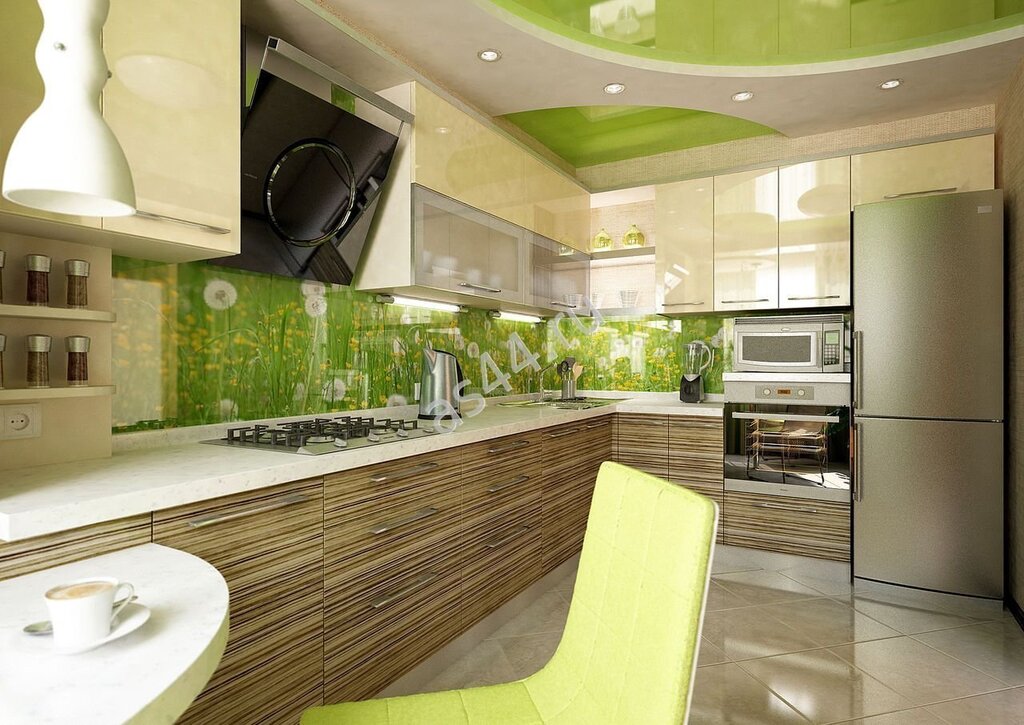 A kitchen in beige and green tones