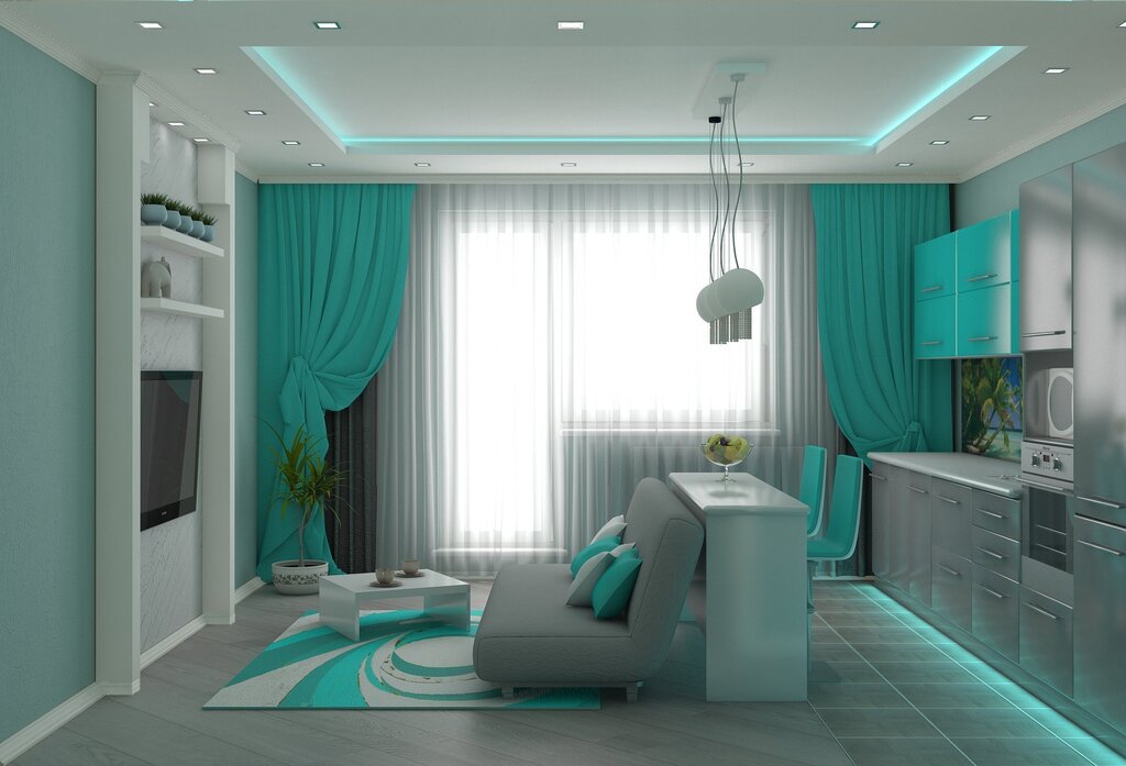 A kitchen in turquoise tones