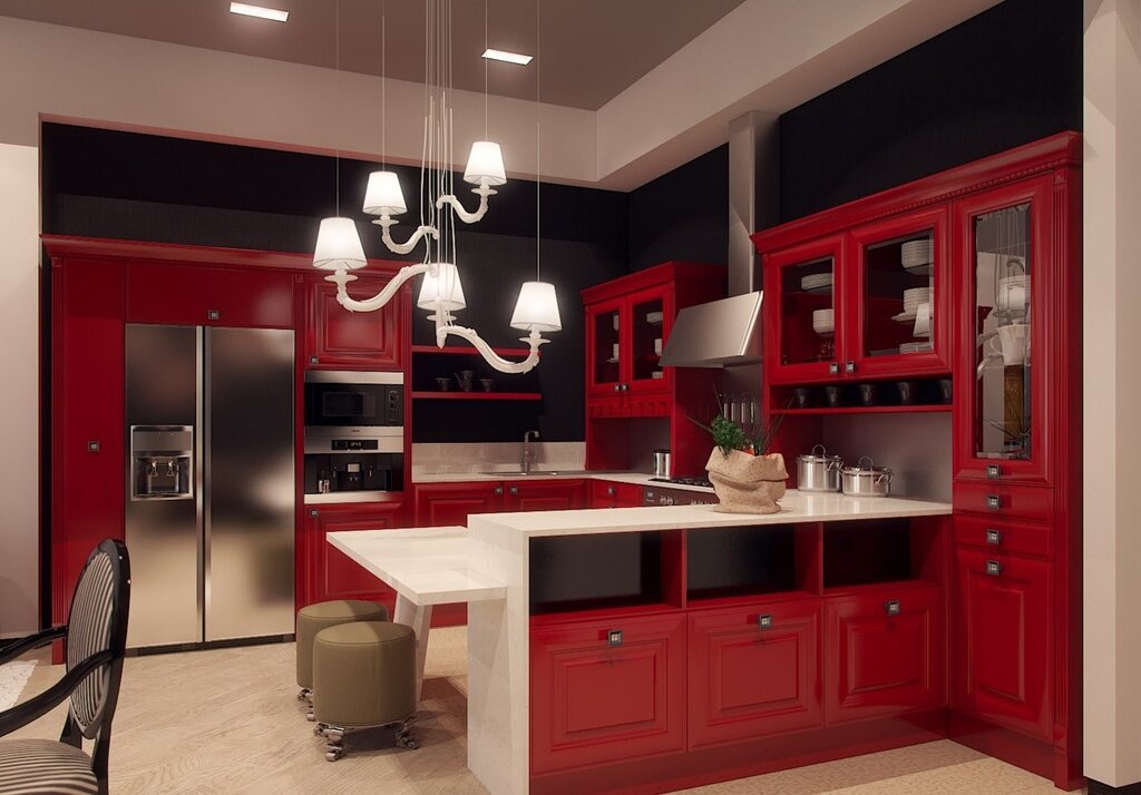 A kitchen in burgundy tones