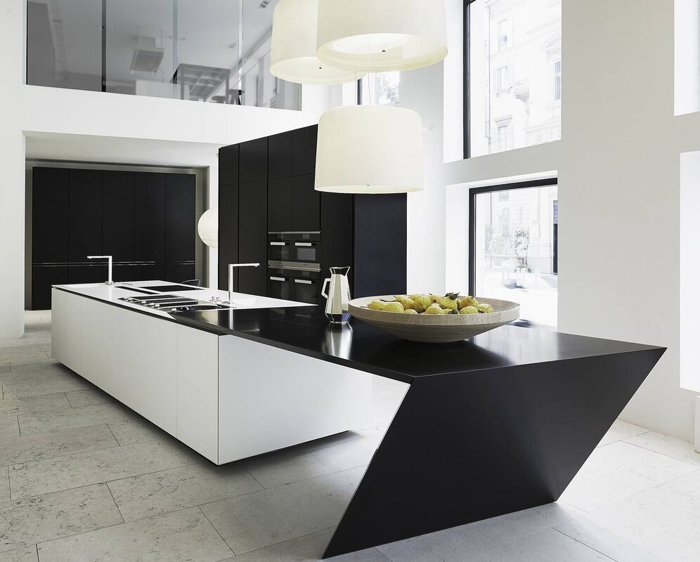 A kitchen in black and white style