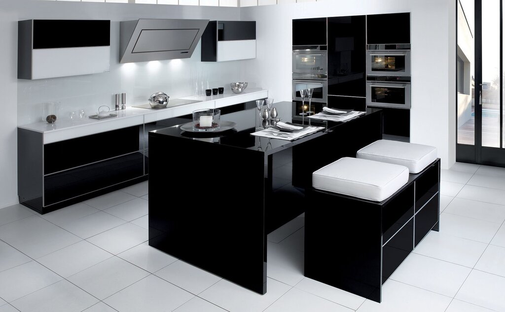 A kitchen in black and white style