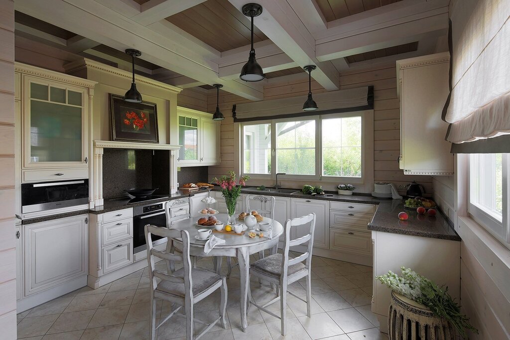 A kitchen in a house with imitation timber