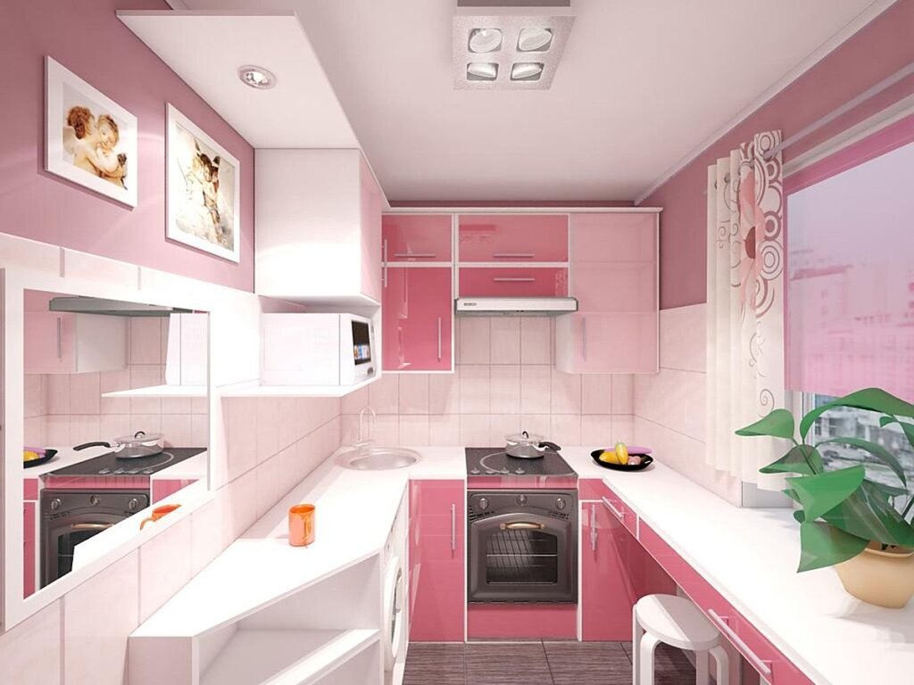 The kitchen in delicate pink tones