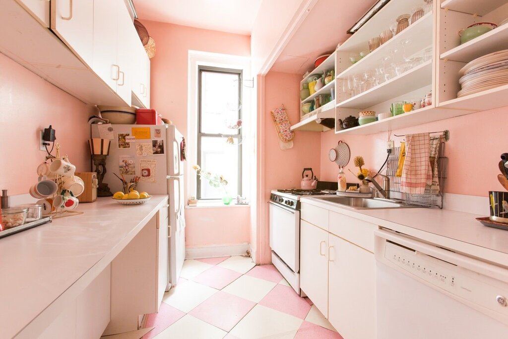 A kitchen in peach tones