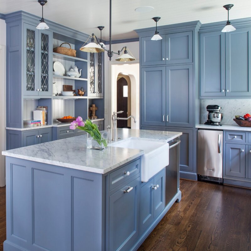 The kitchen in gray-blue color