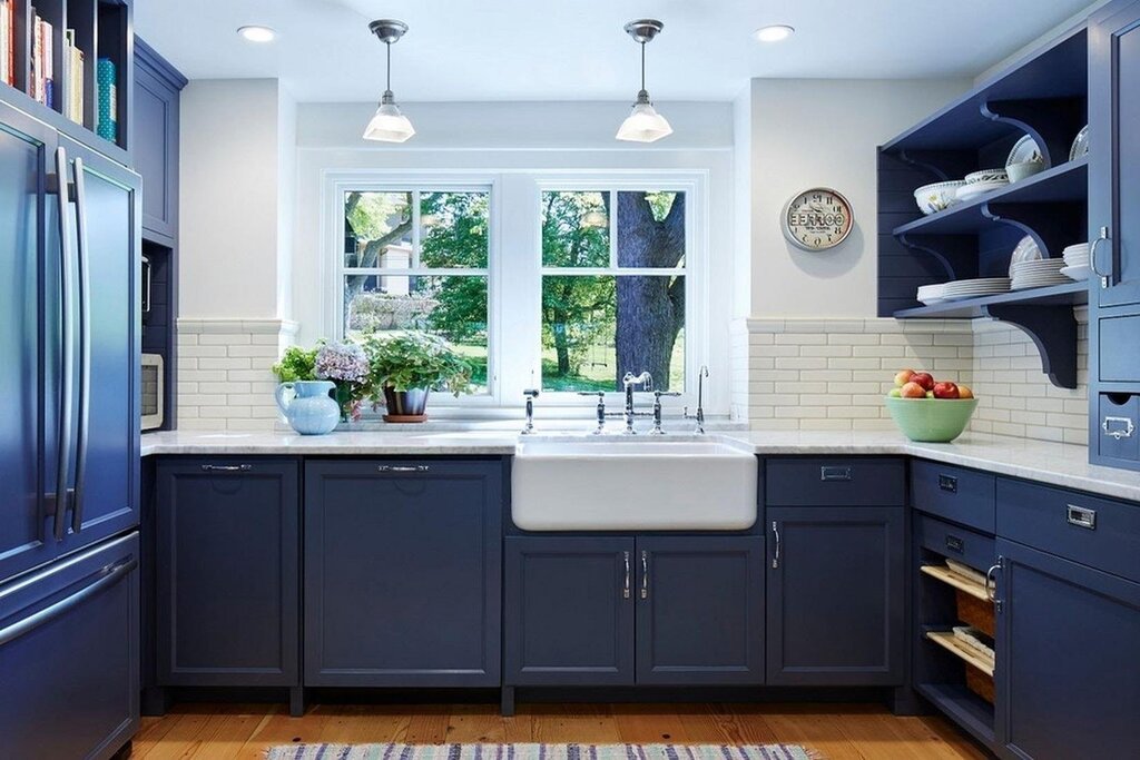 The kitchen in blue color