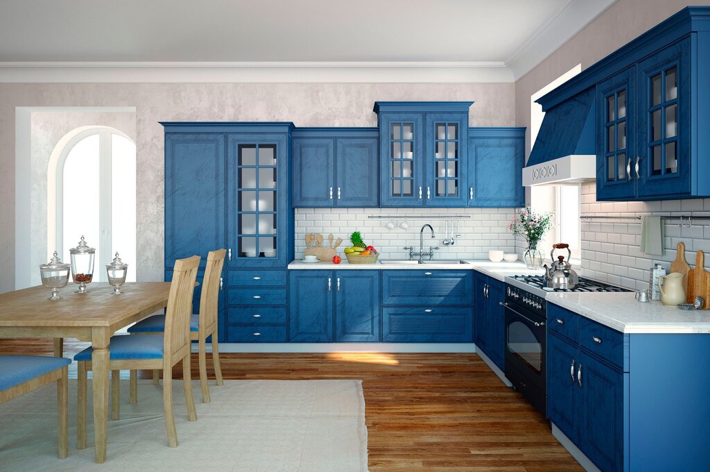 A kitchen in blue tones