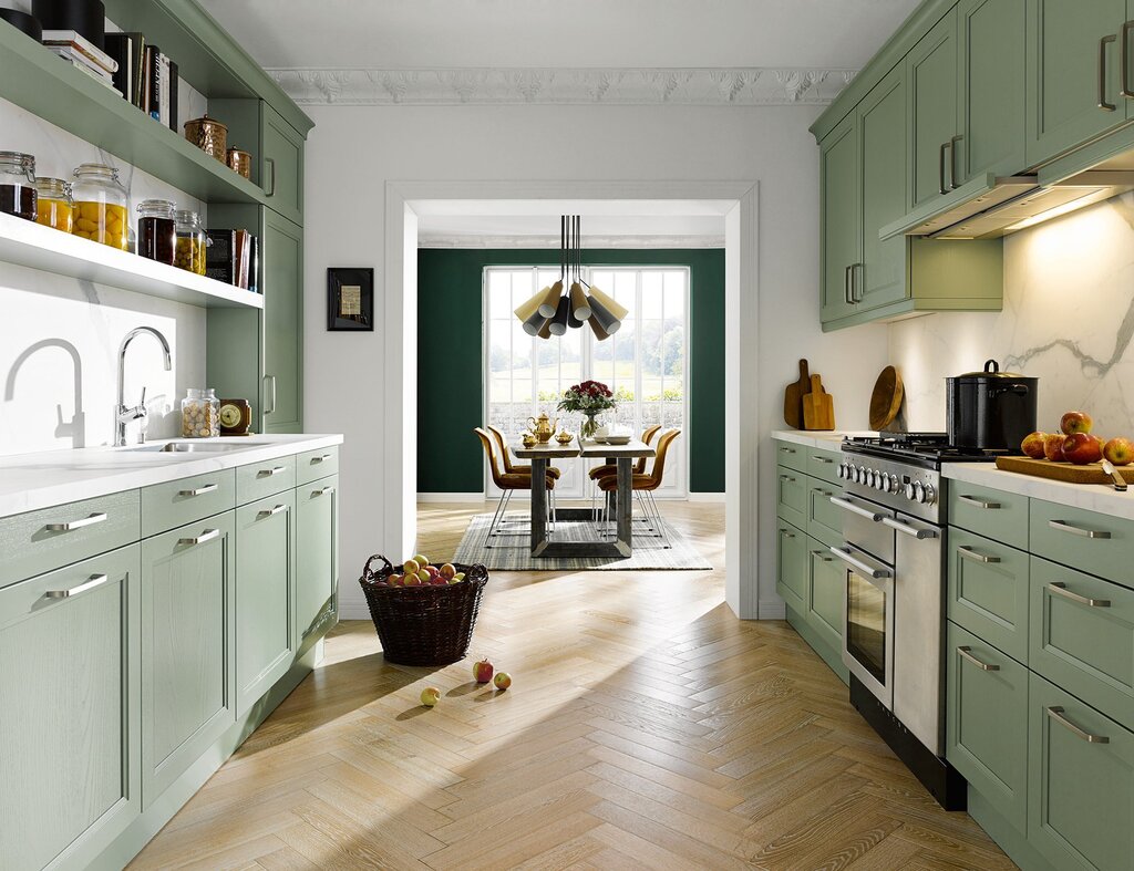 A pistachio-colored kitchen in Provence style 16 фото