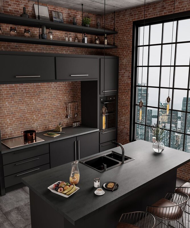 A kitchen in dark tones