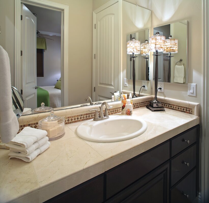 A kitchen countertop in the bathroom