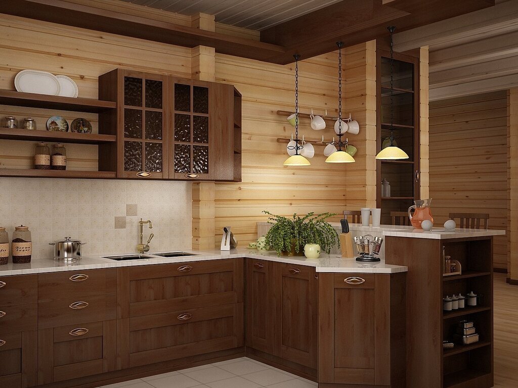 Kitchen set in a log house