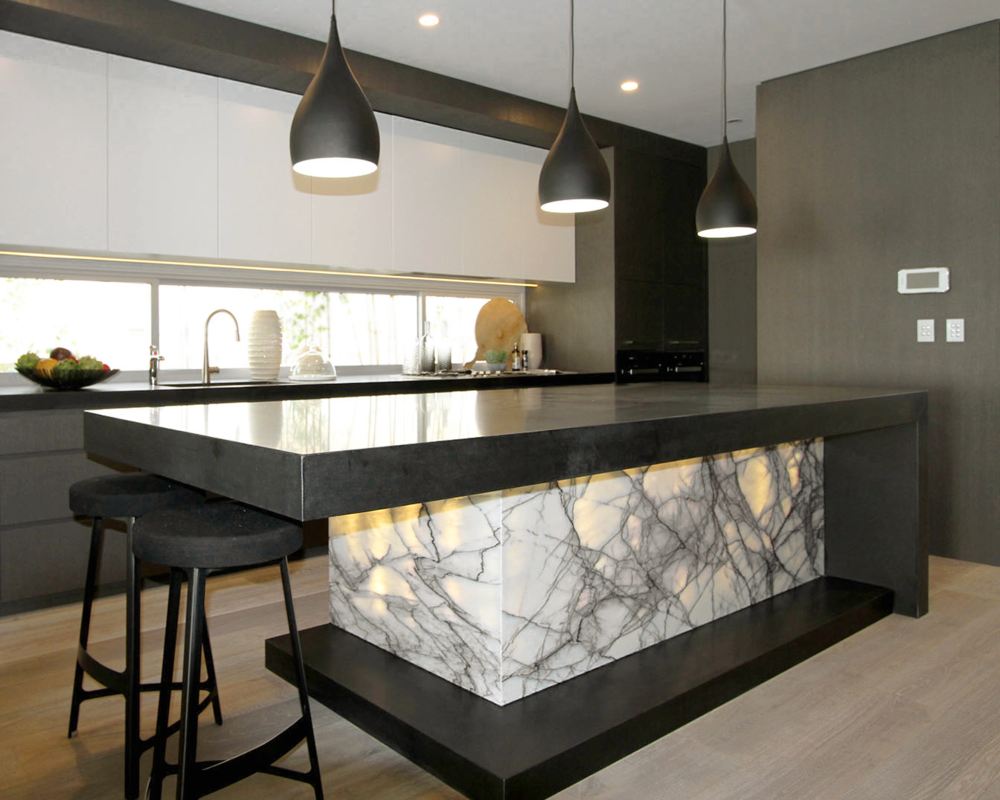 A kitchen island made of porcelain stoneware