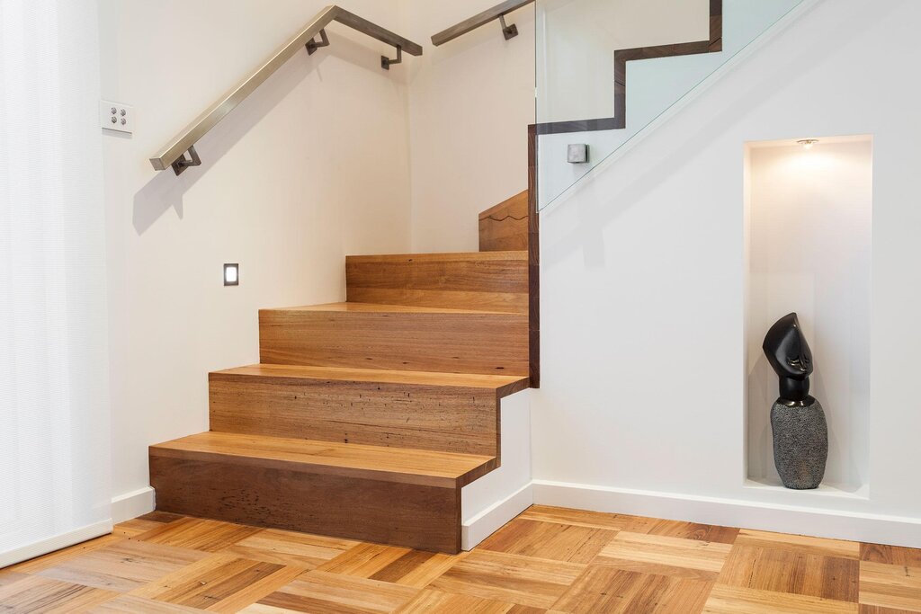 A staircase clad in laminate