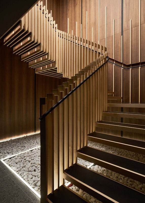 Staircase with wooden slats 10 фото