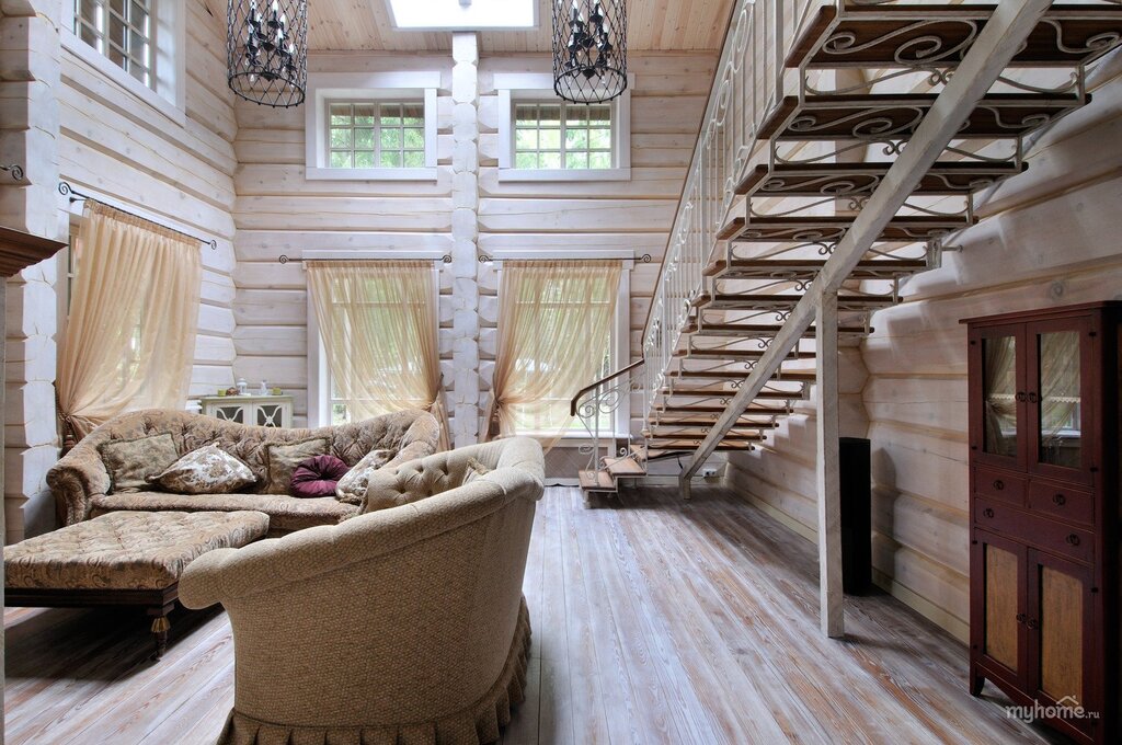 A staircase in a log house