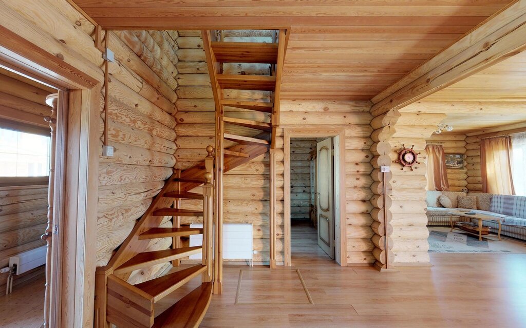 A staircase in a log house