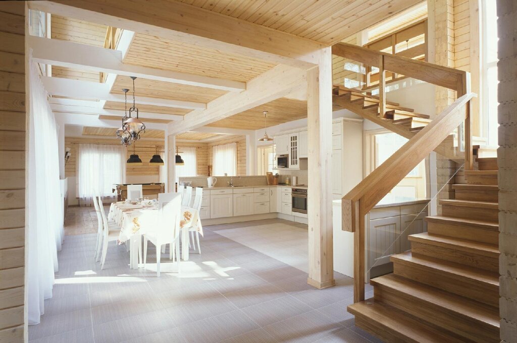 A staircase in a house made of glued laminated timber