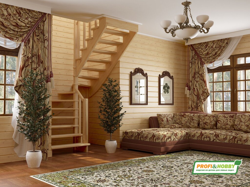 A staircase in the interior of a wooden house