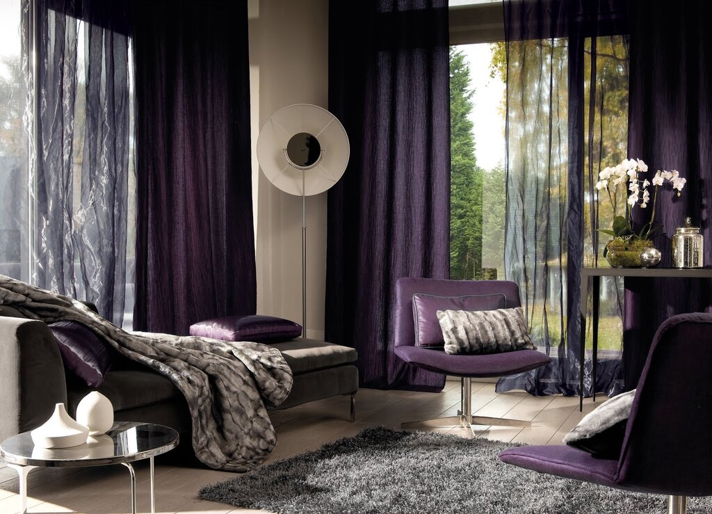 Lilac curtains in the living room interior