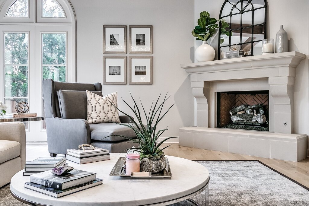 A linear fireplace in the living room interior