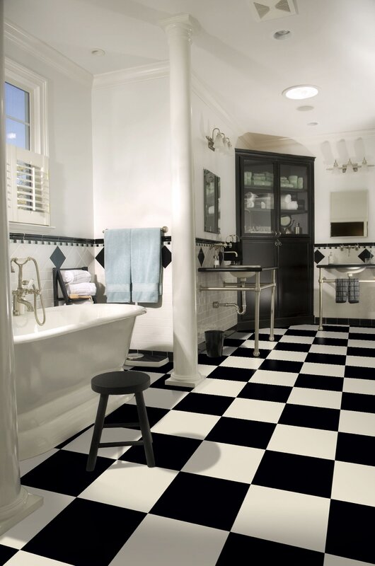 Linoleum in a black and white checkered pattern