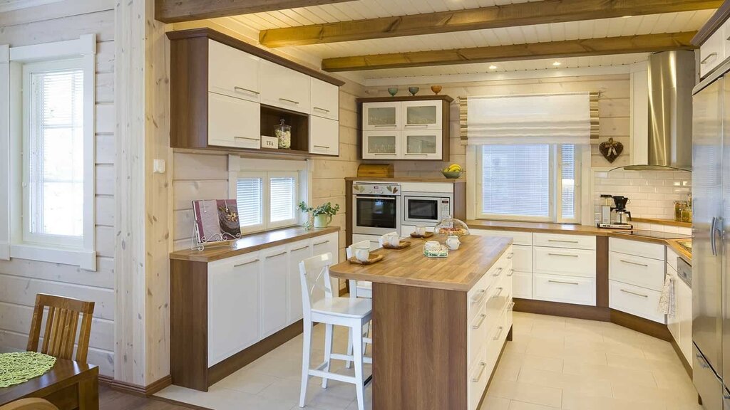 A small kitchen in a log house