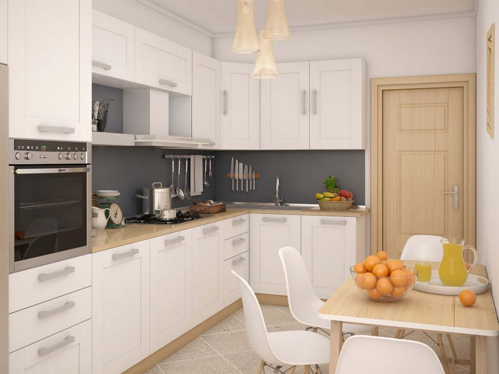 A small corner kitchen in light tones