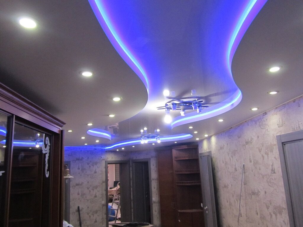 Multilevel stretch ceilings with lighting