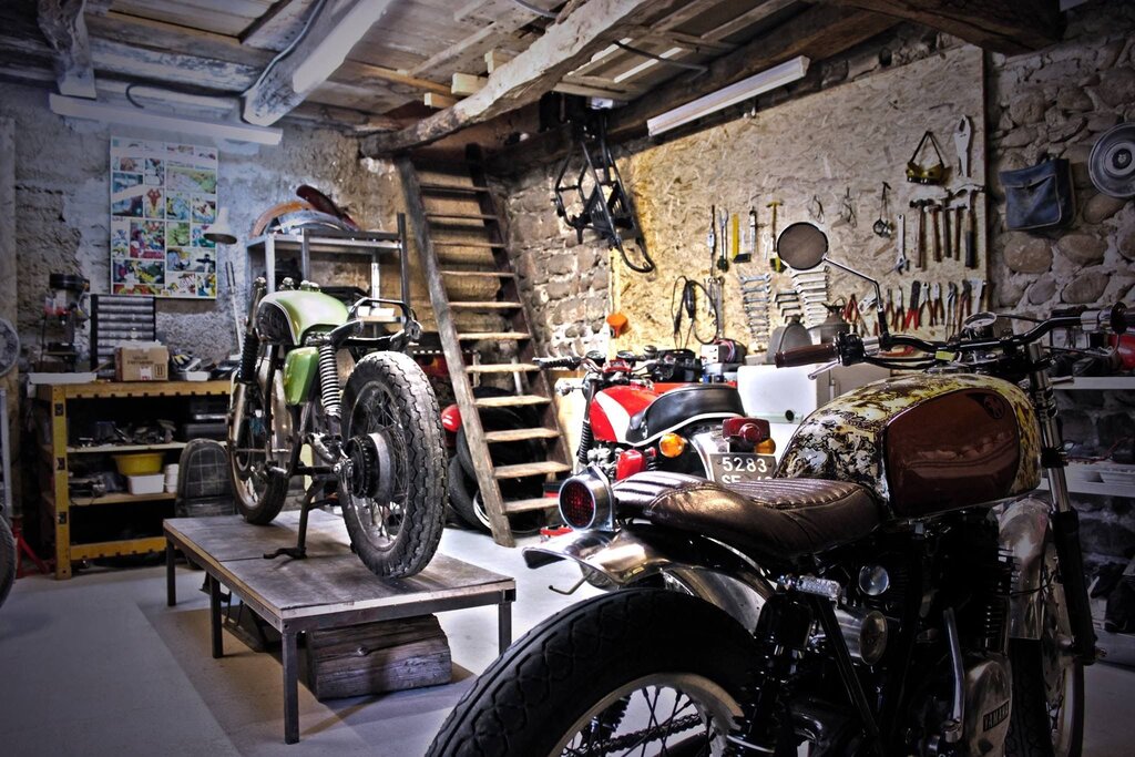 Motorcycle workshop in the garage