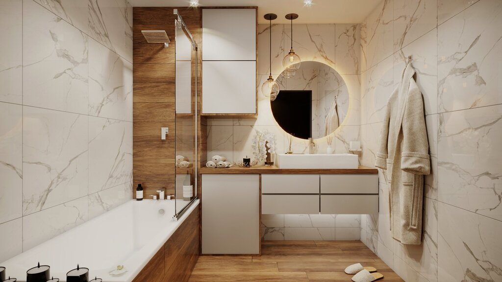 Marble bathroom with wood