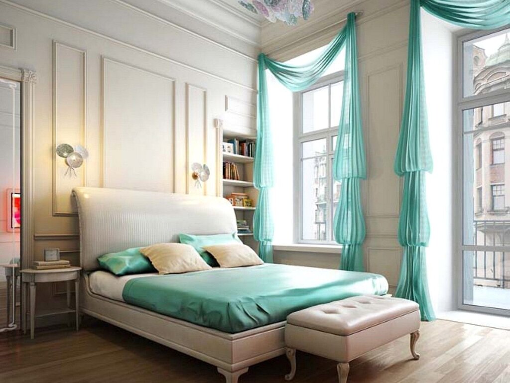 Mint curtains in the bedroom interior