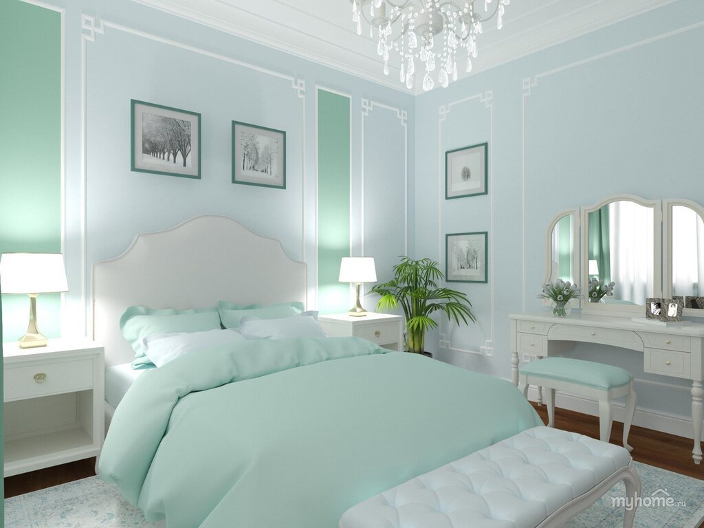 Mint color in the bedroom interior