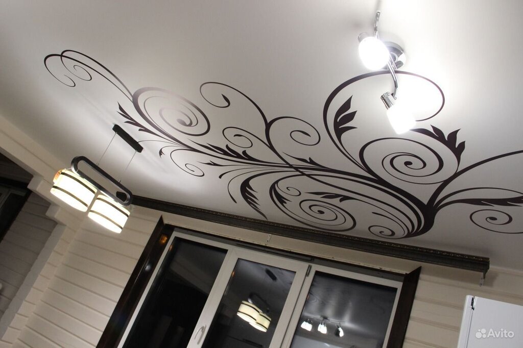 Stretch ceilings with a pattern for the kitchen 34 фото