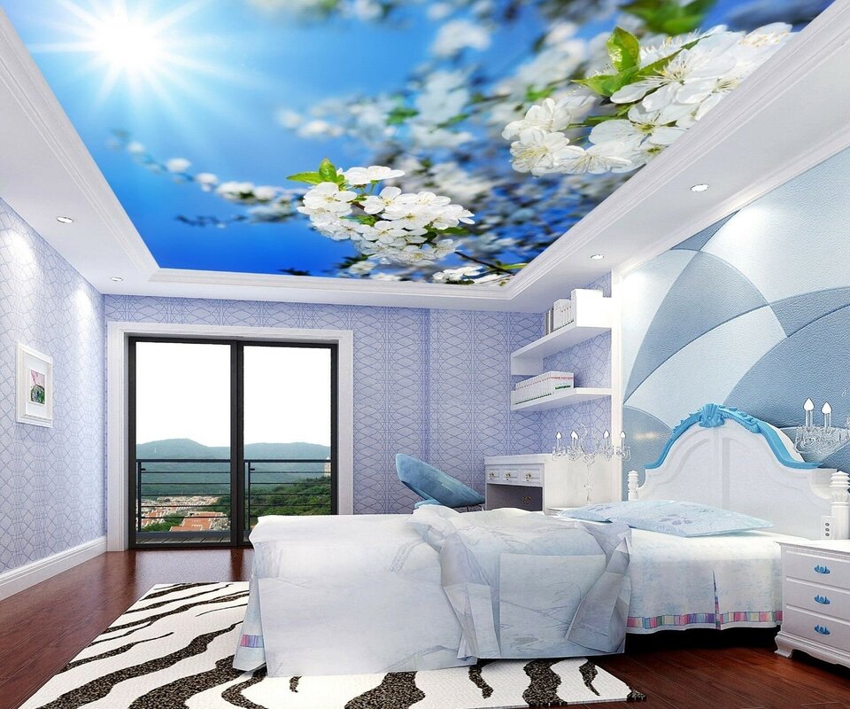 Stretch ceiling with clouds and lighting