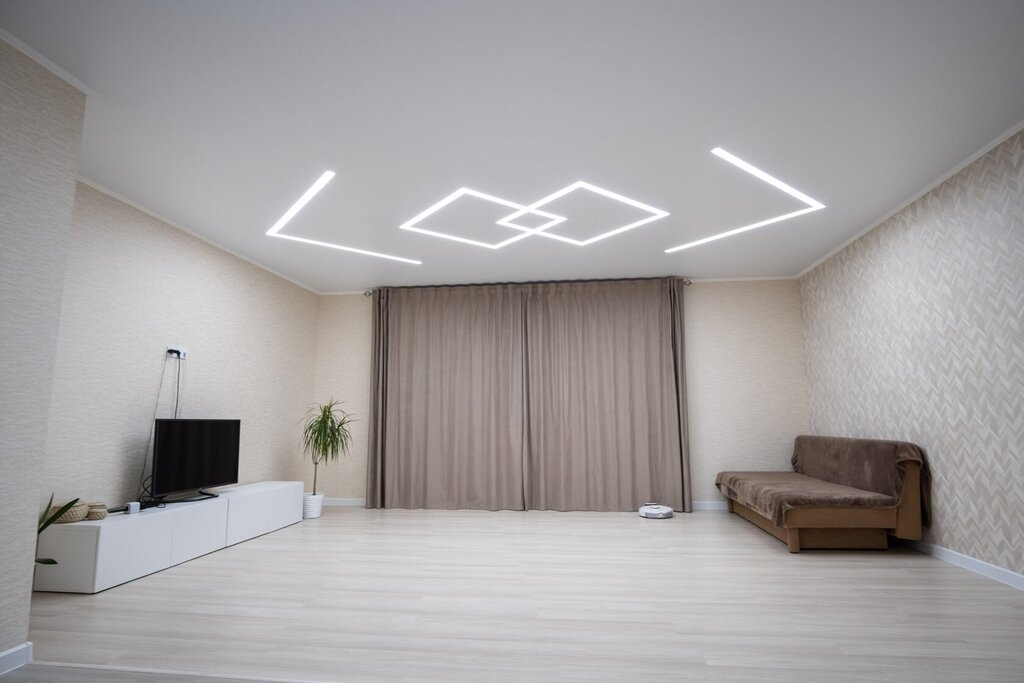 Stretch ceiling with strip lighting