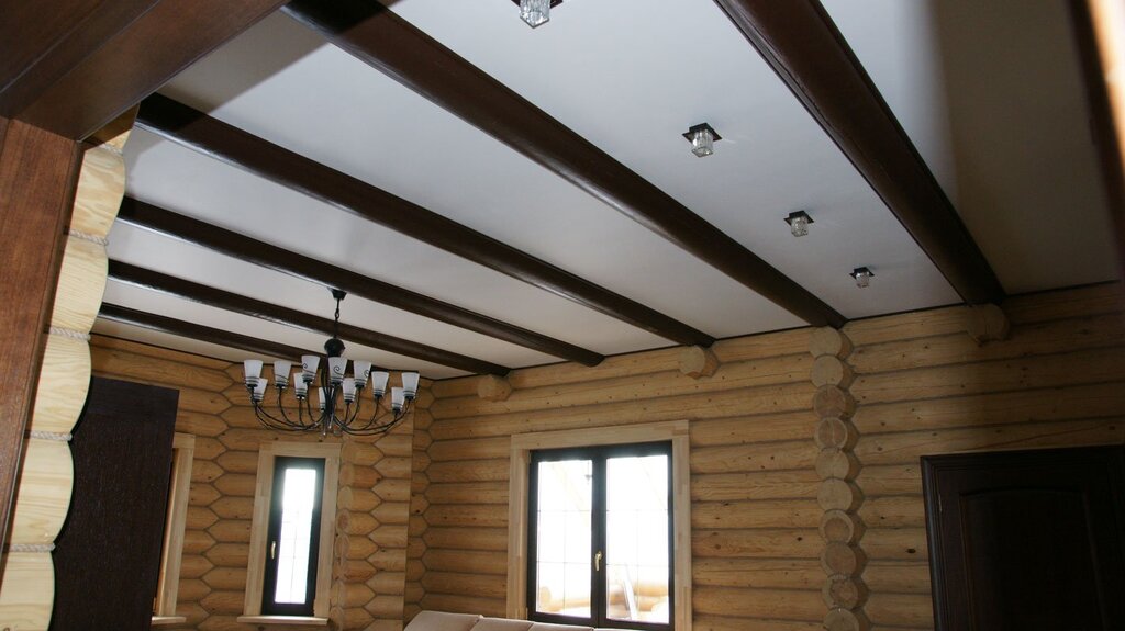 Stretch ceiling in a log house 30 фото