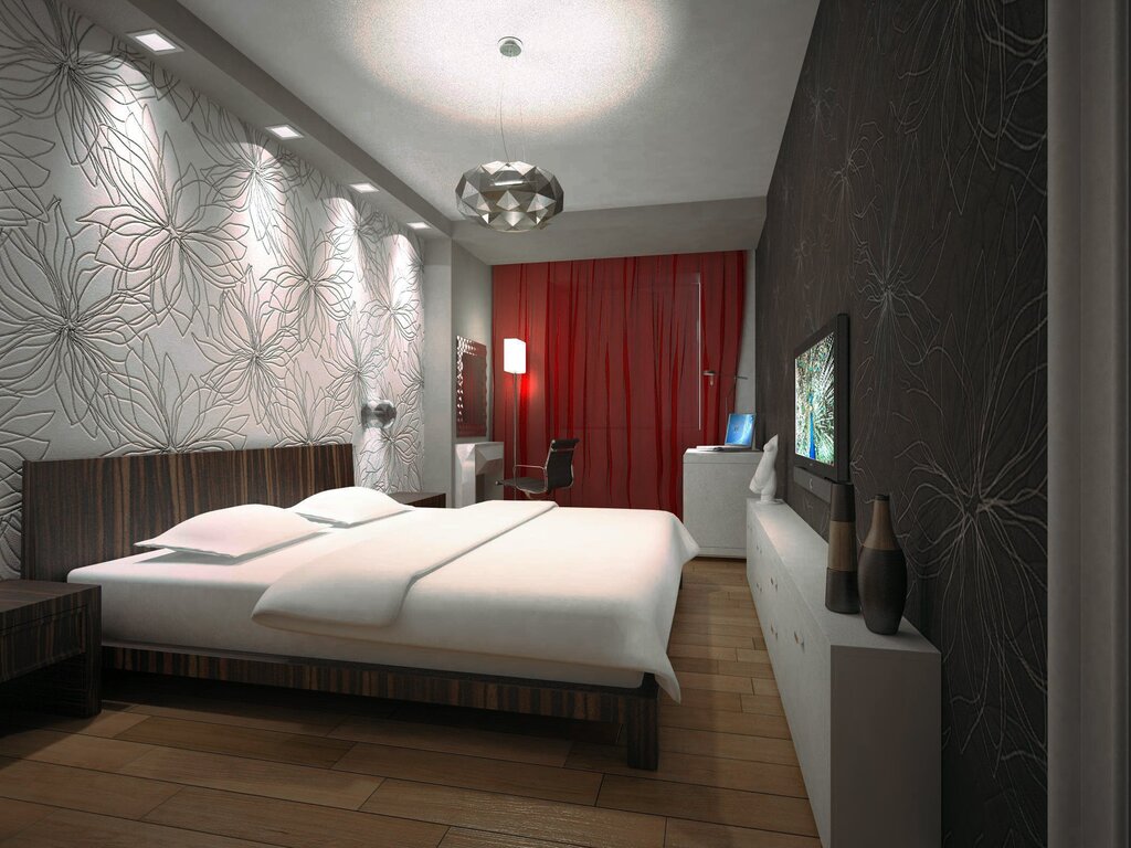 Stretch ceiling in the bedroom without a chandelier