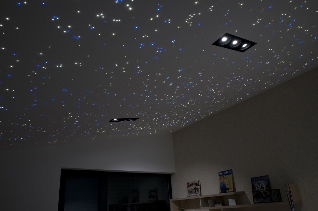 Stretch ceiling with starry sky and lighting