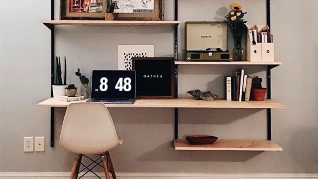 Wall-mounted shelves above the desk