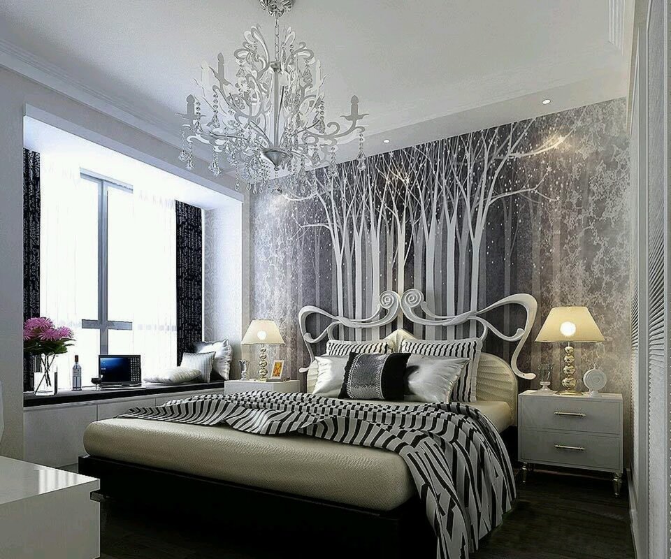 The wallpaper is white with silver