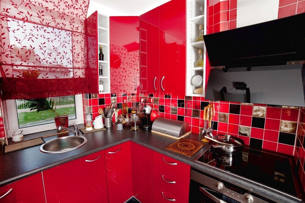 Wallpaper for a red kitchen in the interior